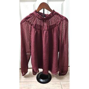 Loft Burgundy Textured Sheer Button-Back Long Sleeve Top Size L Womens